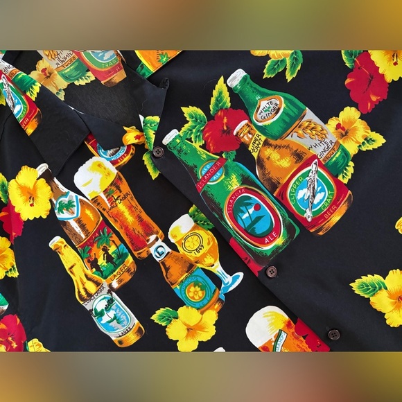 Canopy Hawaiian Tropical Shirt Mens M Black Beer Adult Beverages Hibiscus Beach - Picture 6 of 8